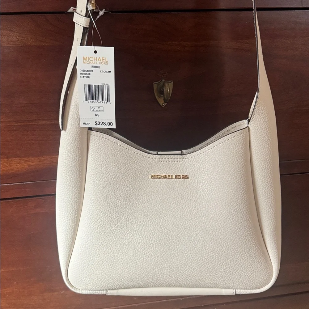 MICHAEL KORS Birch in Lt Cream Medium Pebbled Leather Messenger Bag NWT $328